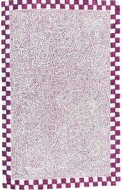 Purple maze of fine pen lines surrounded by a checkerboard border.