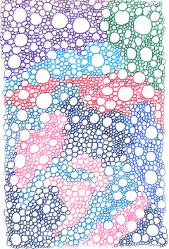 Dense multicolored clusters of hand-drawn circles on grid paper.