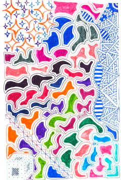 Orange and blue stars, colorful flowing contours, a cube, and geometric pen patterns.