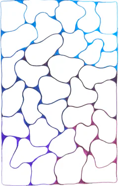 Interlocking rounded shapes with ink shifting from teal and blue at the top to purple and magenta at the bottom.