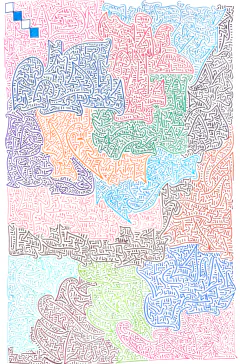 Interlocking colorful shapes filled with intricate maze-like pen strokes.